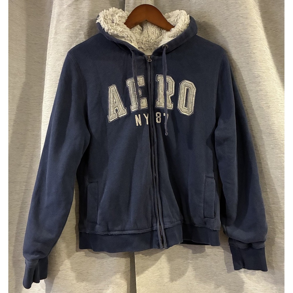 Y2K Aeropostale Hoodie Sweatshirt Women’s XL Navy Zip Up Sherpa Lined Grunge